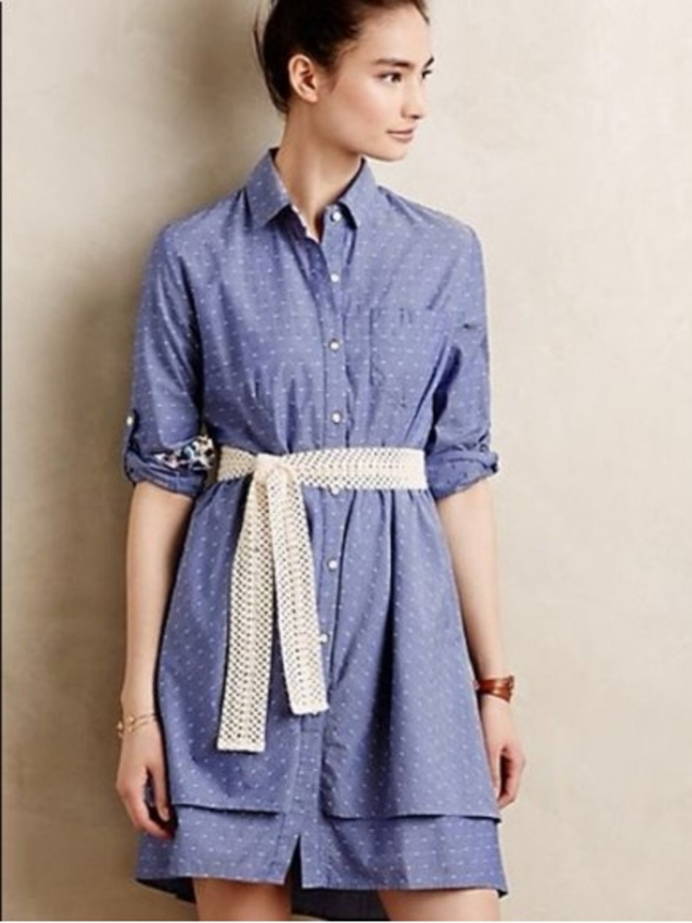 Anthropologie Isabella Sinclair Blue Chambray Speckled Tiered Shirt Dress Sz M